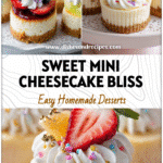 Mini cheesecake bites topped with fruit and party decorations on a festive dessert tray.